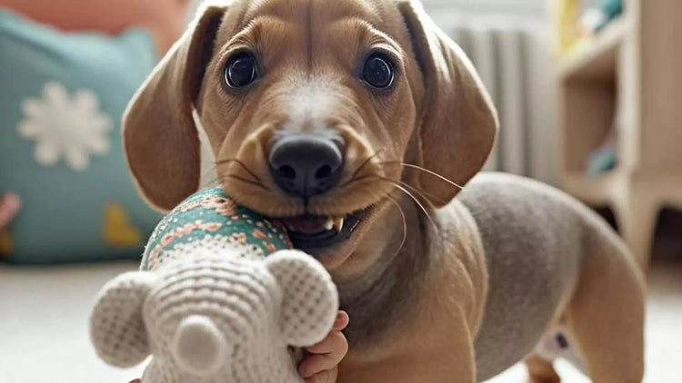 Welpe mit Kuscheltier im Maul