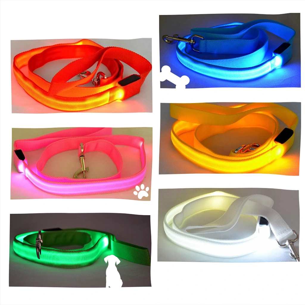 LED Hundeleine leuchtet in Rot, Orange, Pink, Gelb, Blau, Weiss und Grün