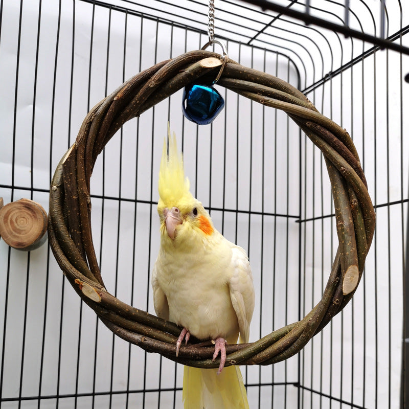 Vogelschaukel mit Nymphensittich aus Naturholz