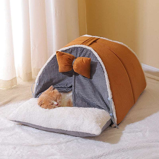 Kuschelige Katzenhöhle / Katzenbett mit Vorhang in Braun