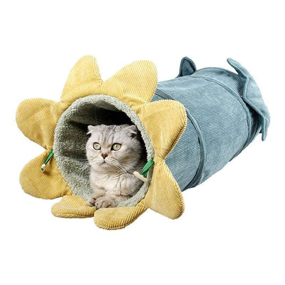 Grüner Katzentunnel mit rausschauender weißer Katze