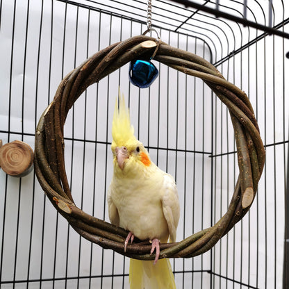 Vogelschaukel mit Nymphensittich aus Naturholz