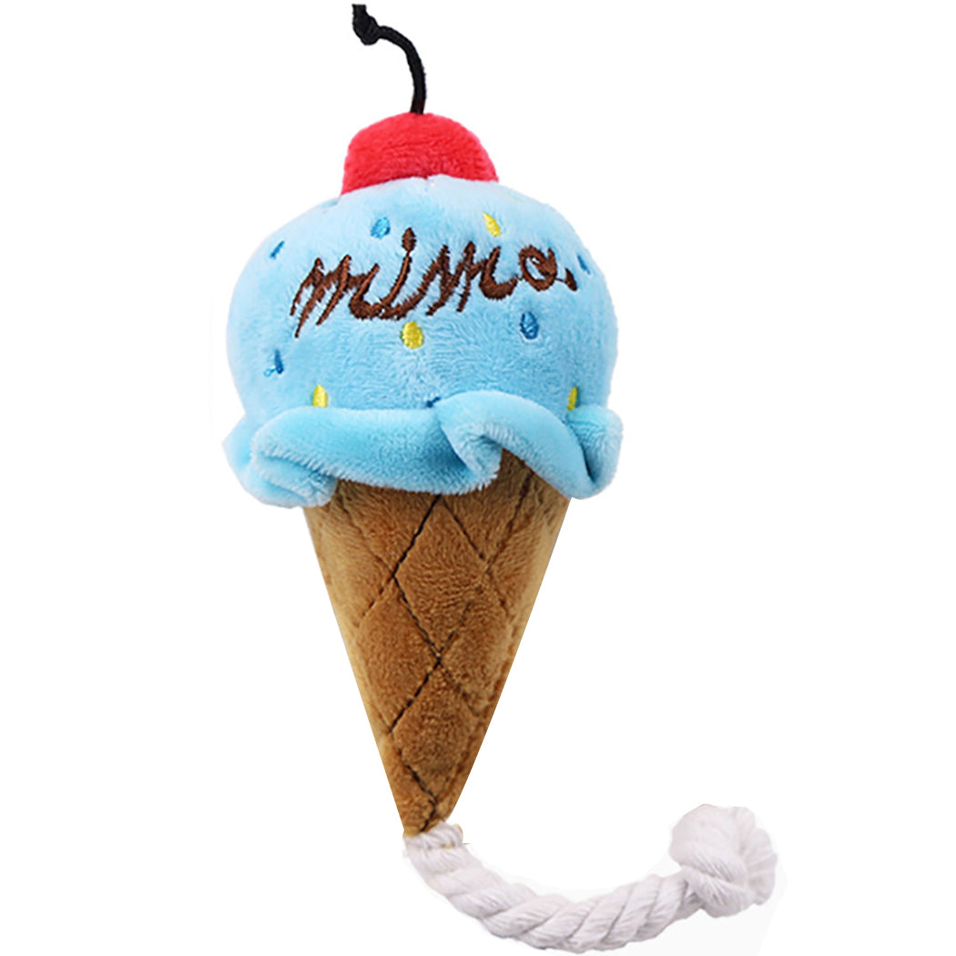 Haustierplüschtier Eiscreme blau mit Seil und Kirsche